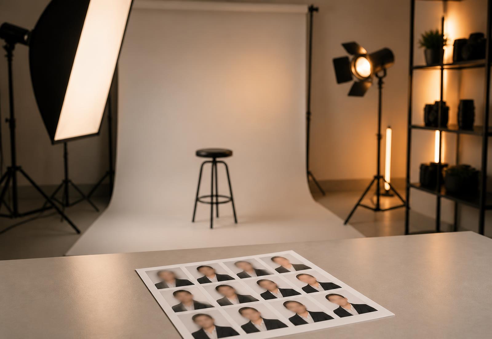 Photography studio with printed passport photo sheet